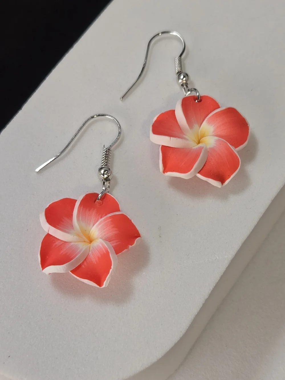 Red Plumeria Flower Earrings Tropical Hawaiian Floral Dangle Jewelry Vacation